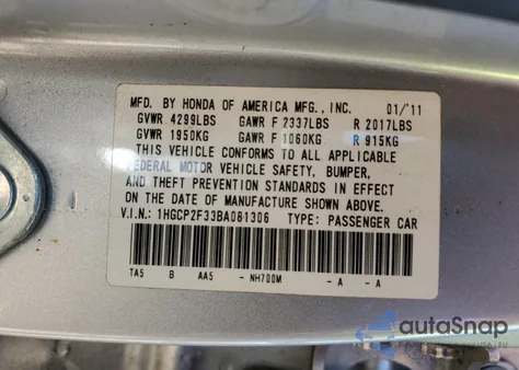 2011 Honda Accord Lx из США, поврежденный, VIN 1HGCP2F33BA081306